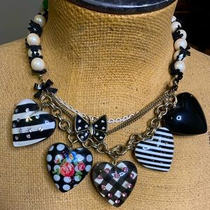 Betsey Johnson black white vintage statement necklace w/pink stones